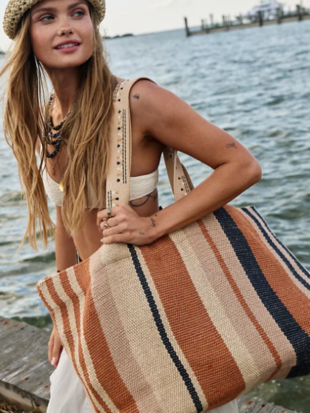Free People Matthew Williamson Stripe Woven Copacabana Oversized Tote Tan